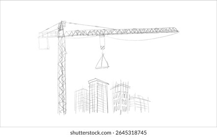 Construction cranes and buildings sketch illustration in hand drawn style. Tower cranes lifting materials near unfinished structures. Pencil line art, black and white vector for construction themes