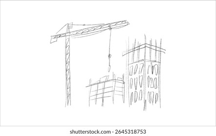 Construction cranes and buildings sketch illustration in hand drawn style. Tower cranes lifting materials near unfinished structures. Pencil line art, black and white vector for construction themes