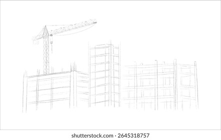Construction cranes and buildings sketch illustration in hand drawn style. Tower cranes lifting materials near unfinished structures. Pencil line art, black and white vector for construction themes