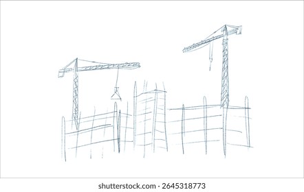 Construction cranes and buildings sketch illustration in hand drawn style. Tower cranes lifting materials near unfinished structures. Pencil line art, black and white vector for construction themes