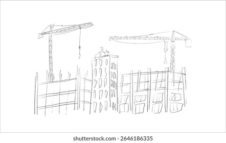 Construction cranes and buildings sketch illustration in hand drawn style. Tower cranes lifting materials near unfinished structures. Pencil line art, black and white vector for construction themes
