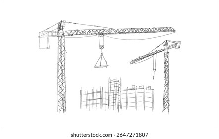 Construction cranes and buildings sketch illustration in hand drawn style. Tower cranes lifting materials near unfinished structures. Pencil line art, black and white vector for construction themes