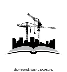 construction cranes, city and open book, vector