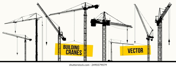 Construction cranes, detailed black silhouettes of cranes for construction of houses and structures. Set of vector illustration with building cranes isolated. Collection black building cranes.