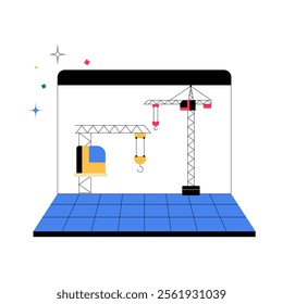 Construction Cranes On A Computer Screen In Flat Vector Illustration Symbolizing Digital Infrastructure, Online Construction Tools, And Modern Technology, Isolated On White Background