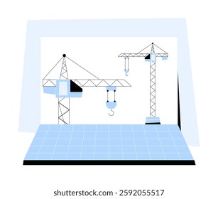 Construction Cranes on Digital Platform in Flat Vector Illustration Symbolizing Website Development, Digital Infrastructure, and Online Building, Isolated on White Background.