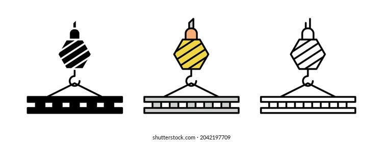 Grúas de construcción. Icono de ingeniería. Grúa de construcción sobre fondo blanco. Conjunto de ilustraciones vectoriales de arte. Conjunto de líneas modificable. Conjunto de iconos de silueta, coloreado y lineal.