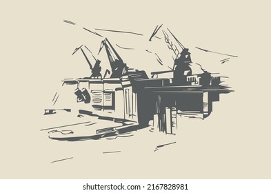 Construction cranes at the construction site of the reservoir