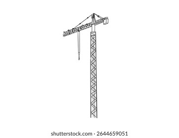 Construction cranes sketch in hand drawn style. Tower cranes with hooks and frames, construction site equipment in pencil line art. Black and white vector illustration for architecture or engineering