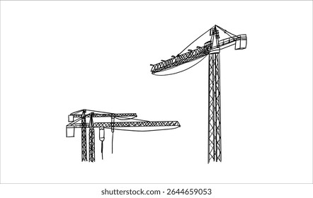 Construction cranes sketch in hand drawn style. Tower cranes with hooks and frames, construction site equipment in pencil line art. Black and white vector illustration for architecture or engineering