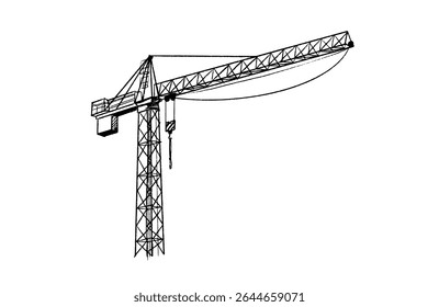 Construction cranes sketch in hand drawn style. Tower cranes with hooks and frames, construction site equipment in pencil line art. Black and white vector illustration for architecture or engineering