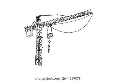 Construction cranes sketch in hand drawn style. Tower cranes with hooks and frames, construction site equipment in pencil line art. Black and white vector illustration for architecture or engineering