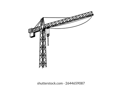 Construction cranes sketch in hand drawn style. Tower cranes with hooks and frames, construction site equipment in pencil line art. Black and white vector illustration for architecture or engineering