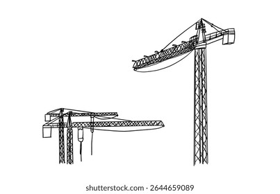 Construction cranes sketch in hand drawn style. Tower cranes with hooks and frames, construction site equipment in pencil line art. Black and white vector illustration for architecture or engineering