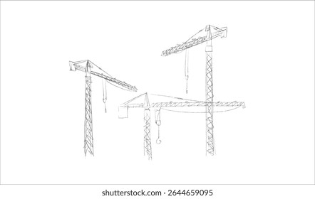 Construction cranes sketch in hand drawn style. Tower cranes with hooks and frames, construction site equipment in pencil line art. Black and white vector illustration for architecture or engineering