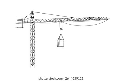Construction cranes sketch in hand drawn style. Tower cranes with hooks and frames, construction site equipment in pencil line art. Black and white vector illustration for architecture or engineering
