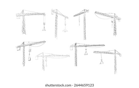 Construction cranes sketch in hand drawn style. Tower cranes with hooks and frames, construction site equipment in pencil line art. Black and white vector illustration for architecture or engineering