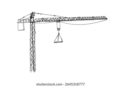 Construction cranes sketch in hand drawn style. Tower cranes with hooks and frames, construction site equipment in pencil line art. Black and white vector illustration for architecture or engineering