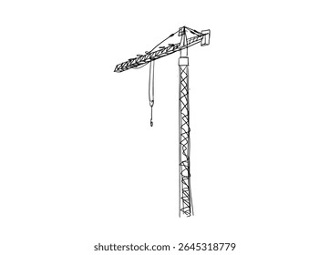 Construction cranes sketch in hand drawn style. Tower cranes with hooks and frames, construction site equipment in pencil line art. Black and white vector illustration for architecture or engineering