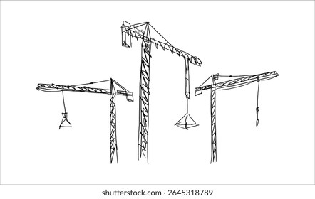 Construction cranes sketch in hand drawn style. Tower cranes with hooks and frames, construction site equipment in pencil line art. Black and white vector illustration for architecture or engineering