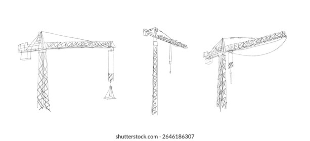 Construction cranes sketch in hand drawn style. Tower cranes with hooks and frames, construction site equipment in pencil line art. Black and white vector illustration for architecture or engineering