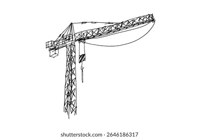 Construction cranes sketch in hand drawn style. Tower cranes with hooks and frames, construction site equipment in pencil line art. Black and white vector illustration for architecture or engineering