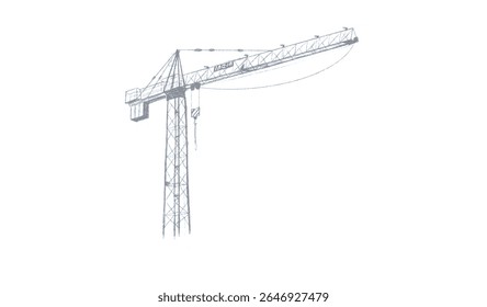 Construction cranes sketch in hand drawn style. Tower cranes with hooks and frames, construction site equipment in crayon line art. Black and white vector illustration for architecture or engineering
