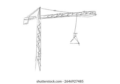 Grúas de construcción esbozo en estilo dibujado a mano. Grúas de torre con ganchos y marcos, equipo de construcción en línea de lápiz arte Ilustración vectorial en blanco y negro para la arquitectura o la ingeniería