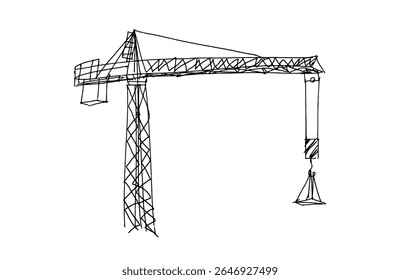 Construction cranes sketch in hand drawn style. Tower cranes with hooks and frames, construction site equipment in pencil line art. Black and white vector illustration for architecture or engineering