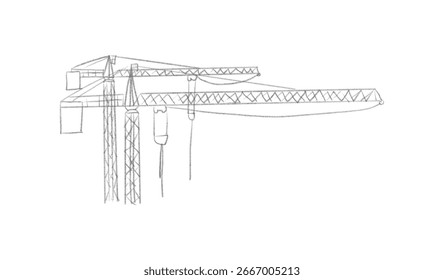 Guindastes de construção esboço em estilo desenhado à mão. Guindastes de torre com ganchos e armações, equipamento de construção em arte de linha de lápis. ilustração vetorial preto e branco para arquitetura ou engenharia