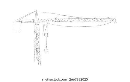 Grúas de construcción esbozo en estilo dibujado a mano. Grúas de torre con ganchos y marcos, equipo de construcción en línea de lápiz arte Ilustración vectorial en blanco y negro para la arquitectura o la ingeniería
