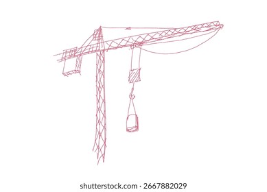Guindastes de construção esboço em estilo desenhado à mão. Guindastes de torre com ganchos e armações, equipamento de construção em arte de linha de lápis. ilustração vetorial preto e branco para arquitetura ou engenharia