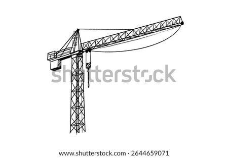 Construction cranes sketch in hand drawn style. Tower cranes with hooks and frames, construction site equipment in pencil line art. Black and white vector illustration for architecture or engineering