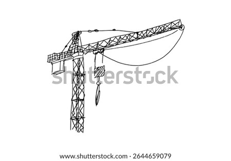 Construction cranes sketch in hand drawn style. Tower cranes with hooks and frames, construction site equipment in pencil line art. Black and white vector illustration for architecture or engineering