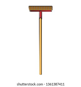 Construction crane-yellow icon of a long mop, brushes with a wooden handle designed for cleaning, washing floors. Construction tool. Vector illustration.