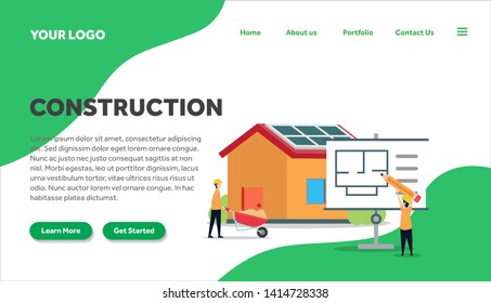 construction creative illustration landing page vector of building graphics , small people in construction illustration vector , building architecture , for website landing page