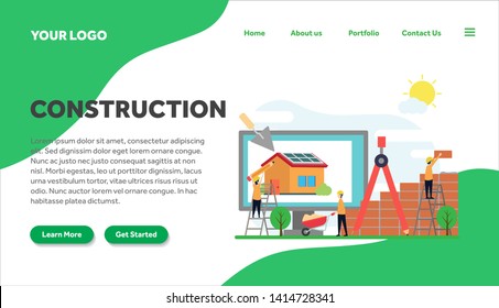 construction creative illustration landing page vector of building graphics , small people in construction illustration vector , building architecture , for website landing page