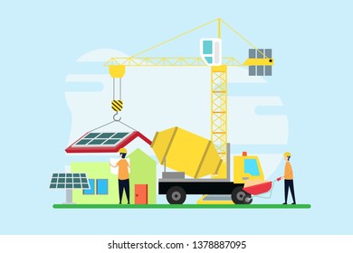 construction creative illustration vector of home graphic , small people in construction illustration vector , home architecture , home concept vector