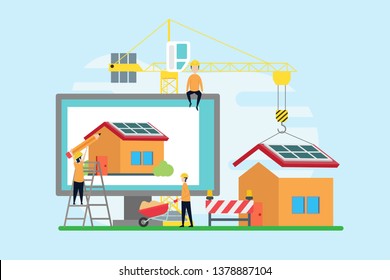 construction creative illustration vector of home graphic , small people in construction illustration vector , home architecture , home concept vector