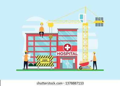 Construction Creative Illustration Vector Of Hospital Graphics , Small People In Construction Illustration Vector , Building Architecture , Hospital Concept Vector