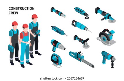 Construction crew isometric composition with male characters in uniform and kid of electric tools for work vector illustration