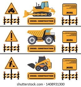Construction Crew Vehicles machinery building truck industry equipment vector illustration. Build tractor architecture digger engineering, worker loader banner. Engineer transportation service.