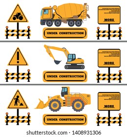 Construction Crew Vehicles machinery building truck industry equipment vector illustration. Build tractor architecture digger engineering, worker loader banner. Engineer transportation service.