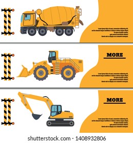 Construction Crew Vehicles machinery building truck industry equipment vector illustration. Build tractor architecture digger engineering, worker loader banner. Engineer transportation service.