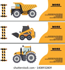 Construction Crew Vehicles Machinery Building Truck Industry Equipment Vector Illustration. Build Tractor Architecture Digger Engineering, Worker Loader Banner. Engineer Transportation Service.