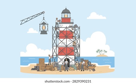 Construction crew working together on scaffolding to build a striped lighthouse on a sunny beach coast.