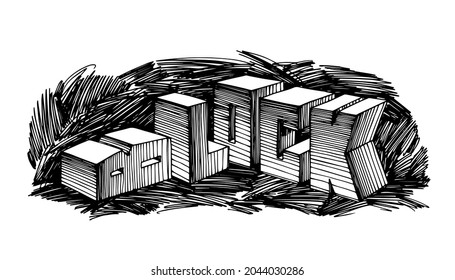 construction of cube blocks, industrial text, cement foundation, stone letters, vector illustration with contour lines in black ink isolated on a white background in a hand drawn style