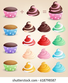 Construction cupcakes on a light background. Icons. Isolated. Sweet pastries decorated with cream. Vector illustration. 3D.