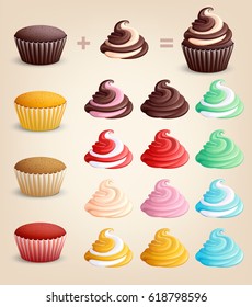 Construction cupcakes on a light background. Icons. Isolated. Sweet pastries decorated with cream. Vector illustration. 3D.