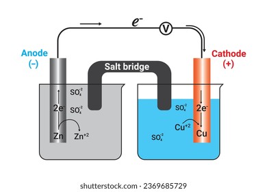 Construction of a Daniel Cell. Simple electrochemical or galvanic cell.  Electrochemical cell or Galvanic cell with Voltmeter. Chemical energy changes into an Electrical energy vector. 